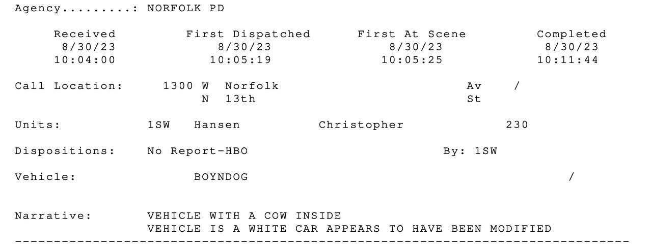 Norfolk PD Vehicle with a cow inside vehicle is a white car appears to have been modified
