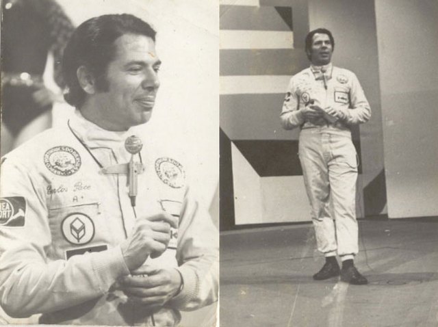 Silvio Santos usando o macacão que José Carlos Pace utilizou na temporada de 1972 da Fórmula 1. O piloto seria entrevistado pelo apresentador na ocasião.