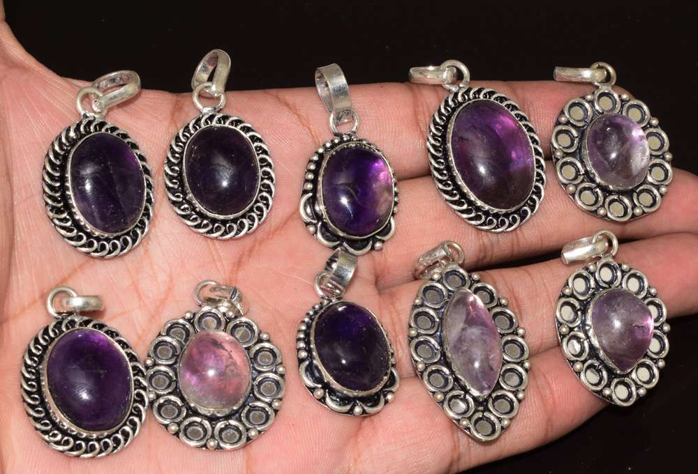 Real Amethyst Gemstone 5 pcs Wholesale Lots 925 Sterling Silver Plated Pendants 