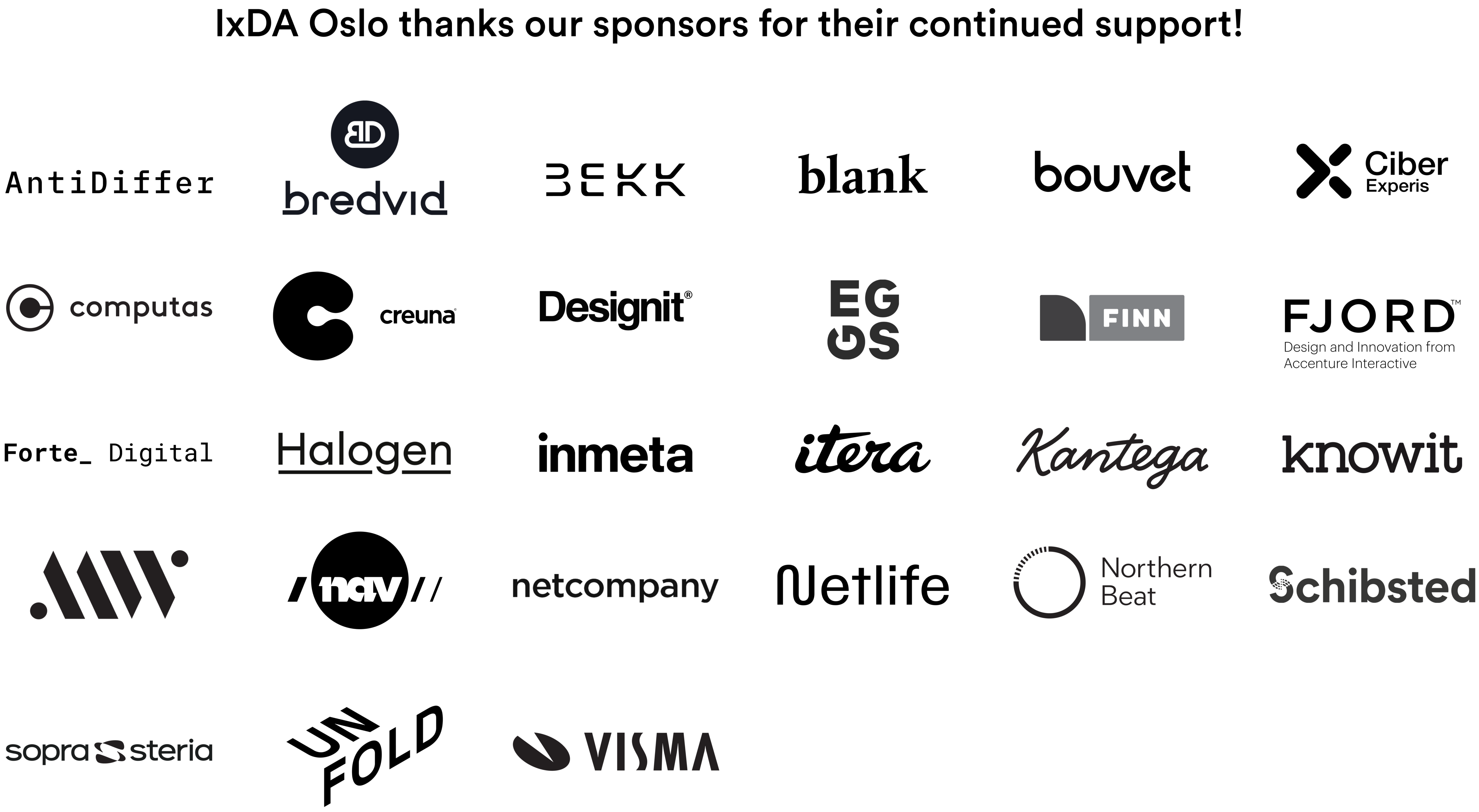 Image shows the logos of IxDA Oslo's 27 sponsors