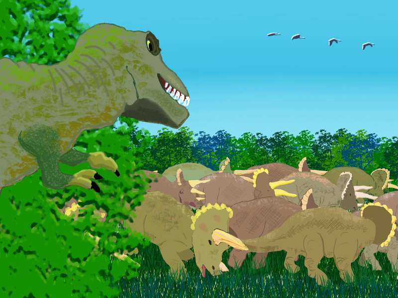 Triceratops herd with T-rex looking on