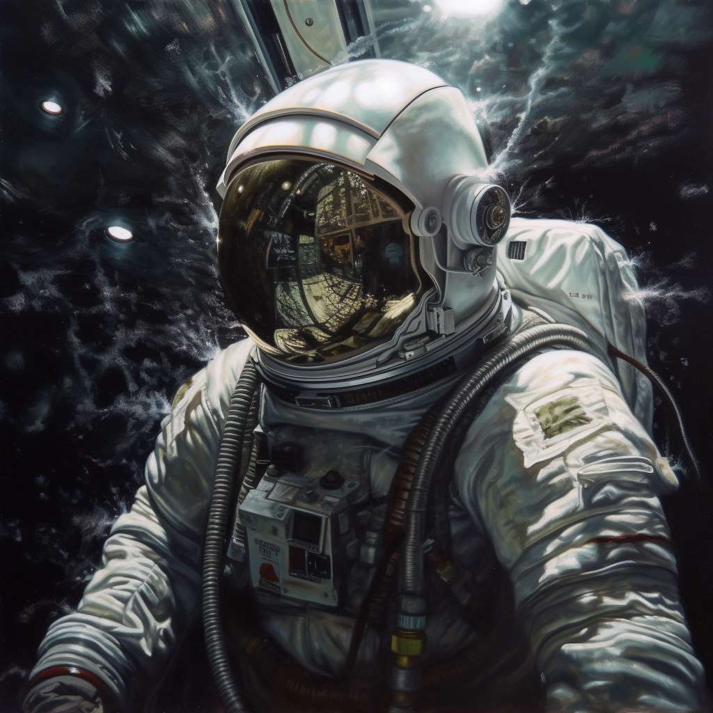 realistic looking ai generated image of an astronaut, reflection in their visor, bizarre yet aesthetic background
