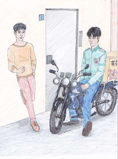 Zhao Yunlan leaning against a wall, atlking to the hot flower delivery guy on his motorcycle