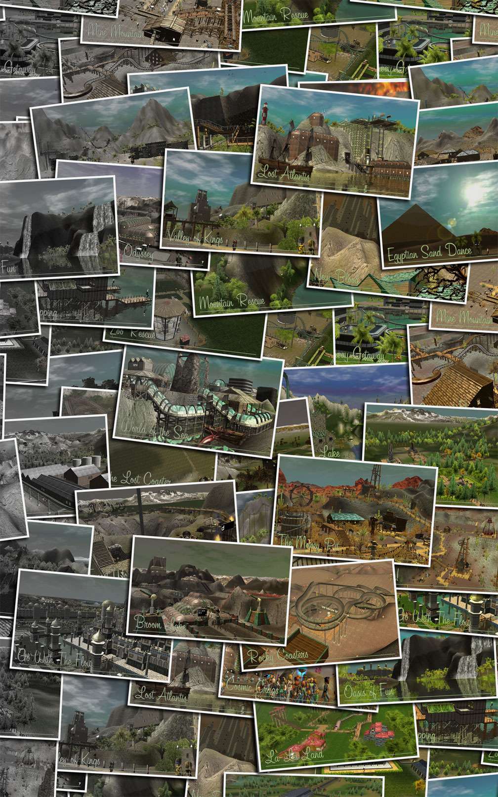 Illustration 01, Demo Screenshot Displaying Individual Scenario Vistas As Scattered Photo Collage - My Downloads, Parks, Scenarios, & Sandboxes - Sandbox Campaign Parks