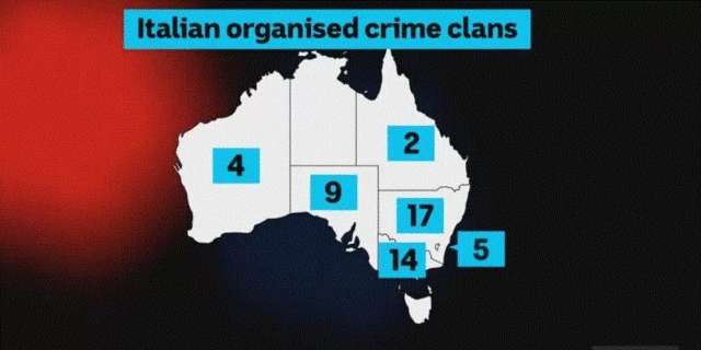 Mappa dell'Australia con indicazione della presenza della criminalità organizzata italiana