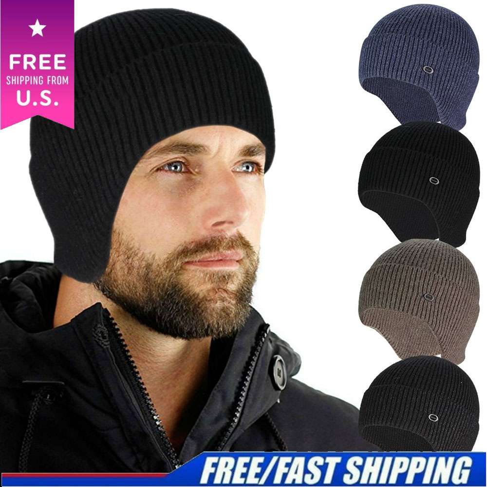 Winter Knit Ear Flap Hat Warm Fleece Lined Beanie Cap Ski Outdoor Mens ...