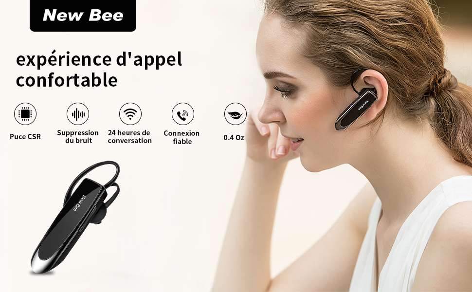 Ecouteurs GENERIQUE Oreillette sans Fil Bluetooth New bee Main Libre  Microphone Autonomie de 60 Jours en Veille Noir