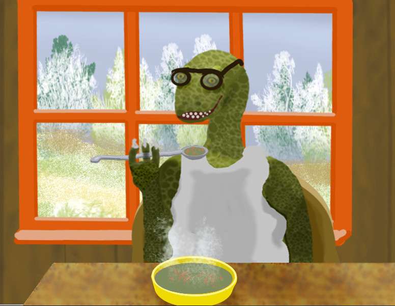 Dino eating split-pea soup.