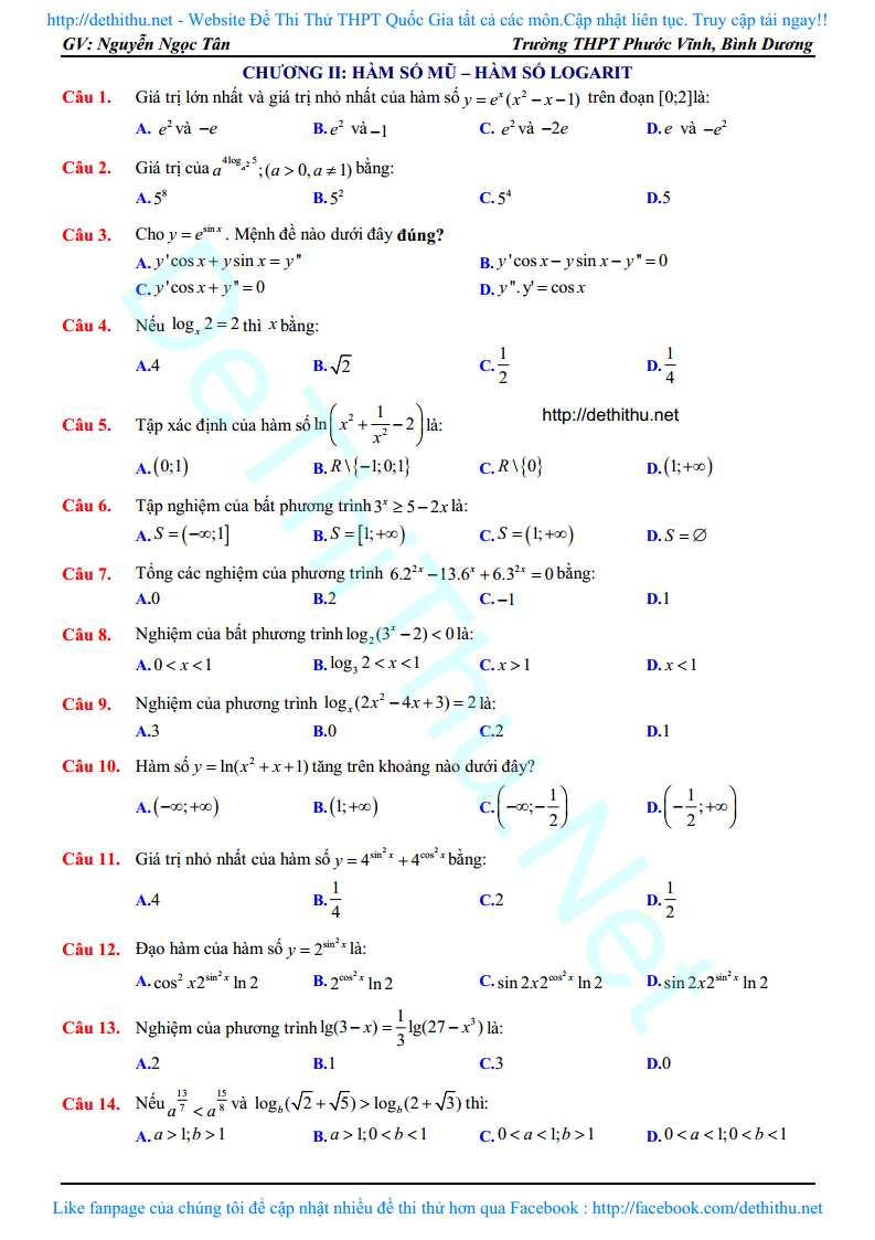 100 bài tập trắc nghiệm chương 2 hàm số mũ, logarit