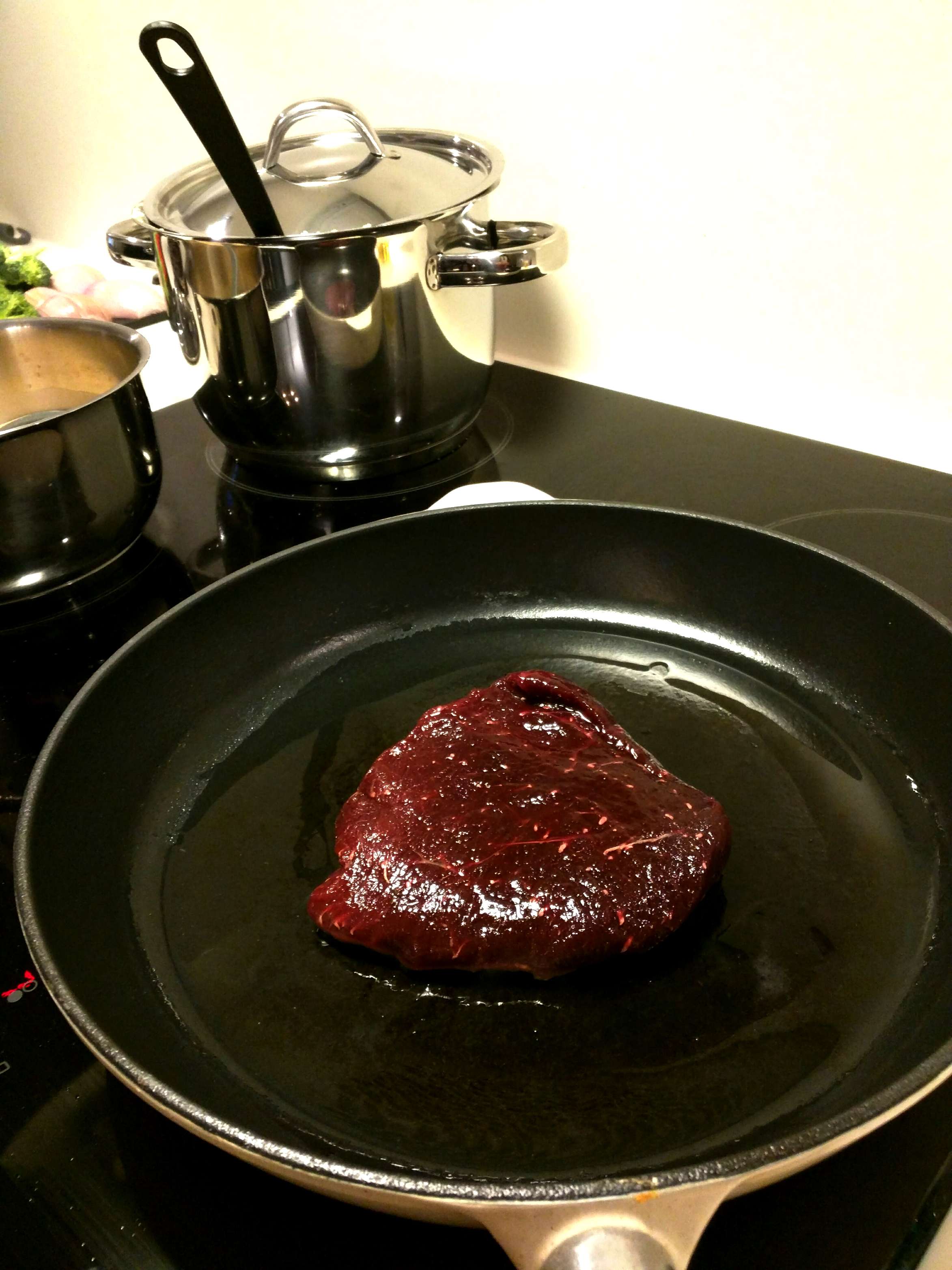 Frying whale steak