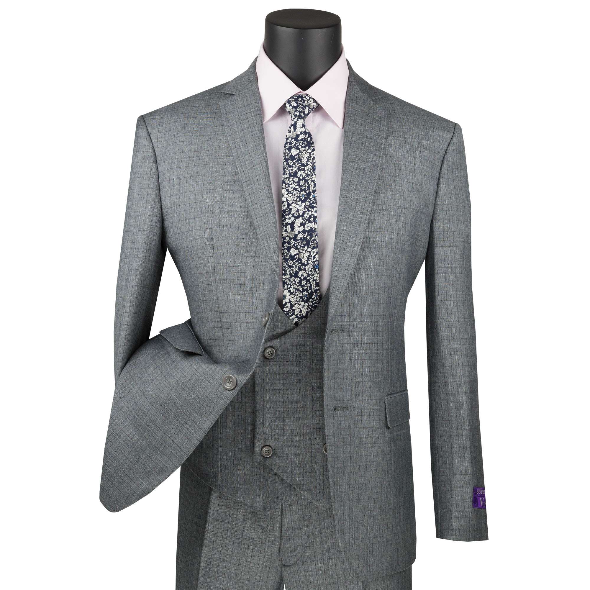 Men/'s Gray Glen Plaid Checkered 3pc 2 Button Slim-Fit Suit w// Matching Vest NEW