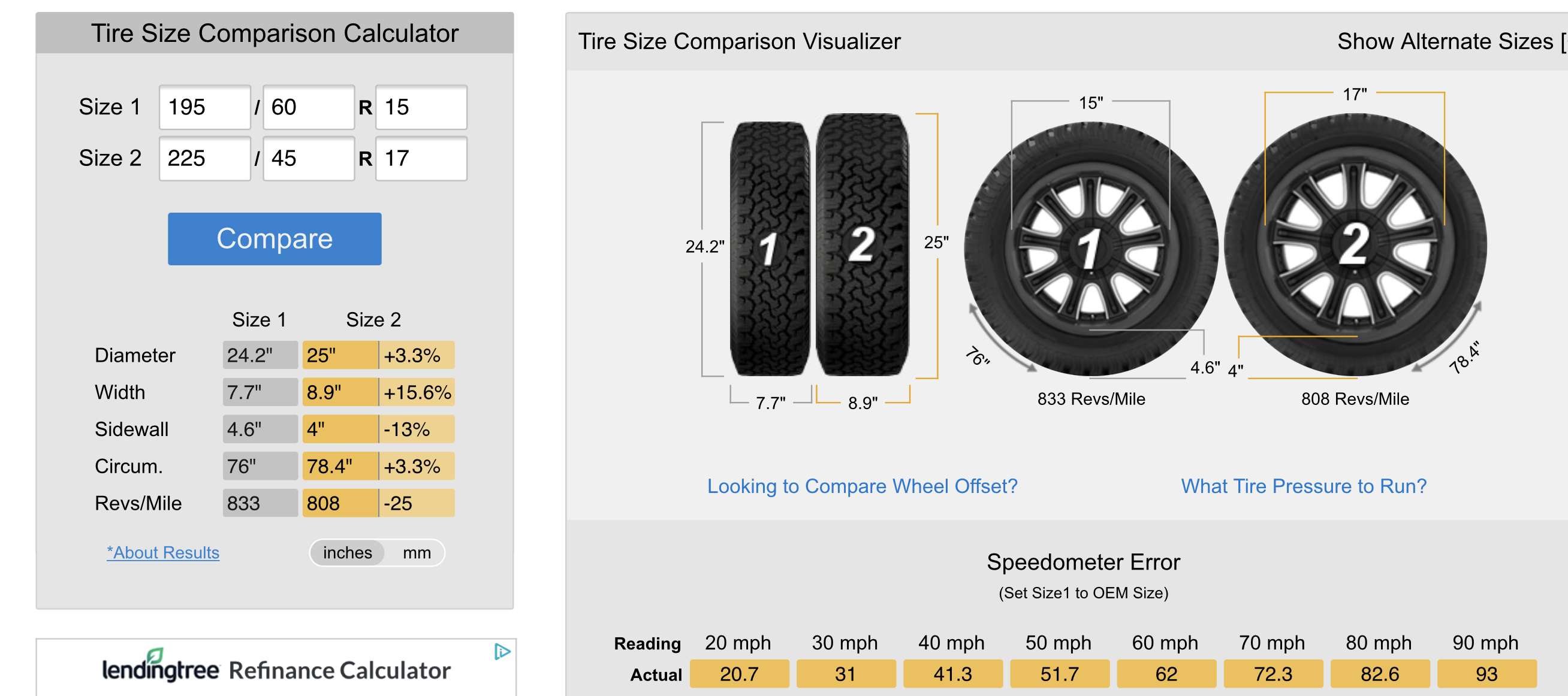 tire size calculator compare