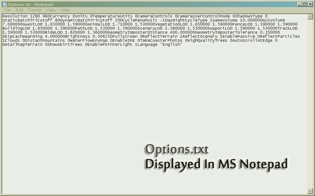 Image 01: Options.txt Displayed In MS Notepad, FAQ: Options.txt Flags, Page 1