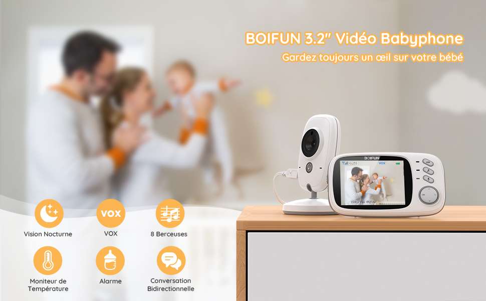 BOIFUN 1080P Babyphone Caméra Surveillance des Mouvements Température  Batterie