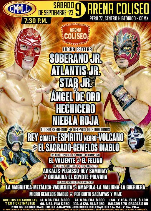 Cartelera lucha libre CMLL Arena Coliseo del Sábado 9 de Septiembre del 2023