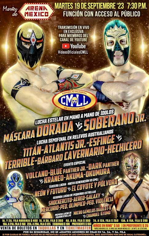 Cartelera lucha libre CMLL del Martes 19 de Septiembre del 2023