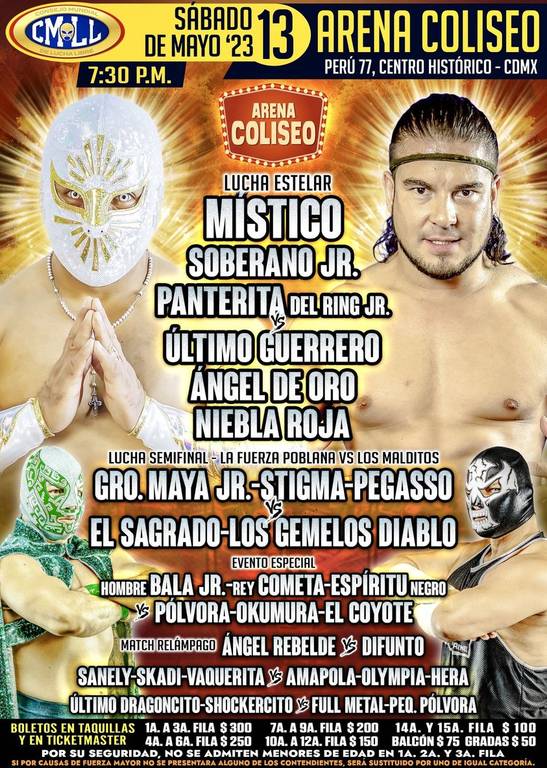 Cartelera lucha libre CMLL Arena Coliseo del Sábado 13 de Mayo del 2023