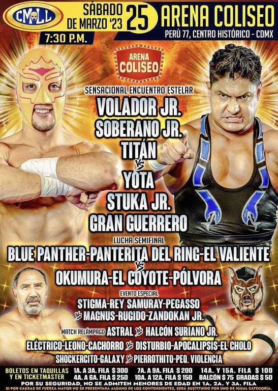 Cartelera lucha libre CMLL Arena Coliseo del Sábado 25 de Marzo del 2023