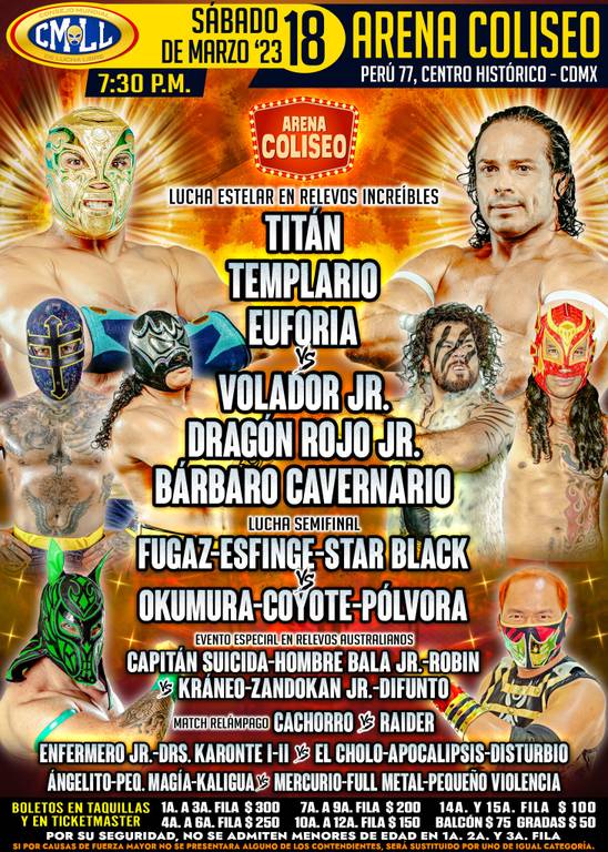 Cartelera lucha libre CMLL Arena Coliseo del Sábado 18 de Marzo del 2023