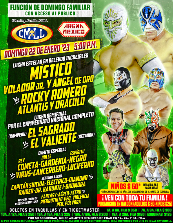 Cartelera lucha libre CMLL Arena Coliseo del Domingo 22 de Enero del 2023
