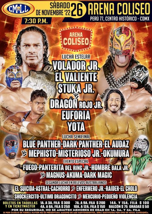 Cartelera lucha libre CMLL Arena Coliseo del Sábado 26 de Noviembre del 2022