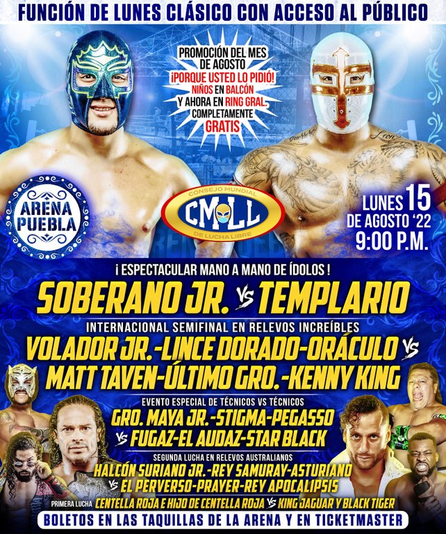 Cartelera lucha libre CMLL del Lunes 15 de Agosto del 2022