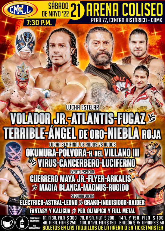 Cartelera lucha libre CMLL Arena Coliseo del Sábado 21 de Mayo del 2022