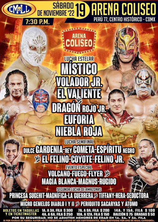 Cartelera lucha libre CMLL Arena Coliseo del Sábado 19 de Noviembre del 2022