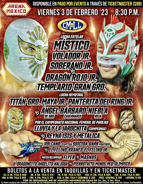 Cartelera lucha libre CMLL del Viernes 3 de Febrero del 2023