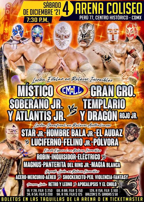 Cartelera lucha libre CMLL del Sábado 4 de Diciembre del 2021