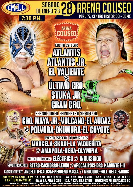 Cartelera lucha libre CMLL Arena Coliseo del Sábado 28 de Enero del 2023