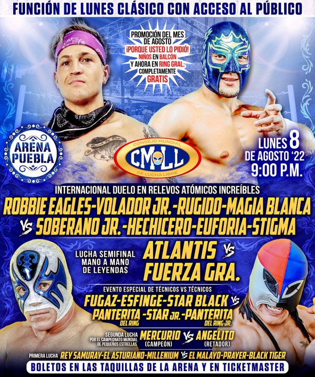 Cartelera lucha libre CMLL del Lunes 8 de Agosto del 2022