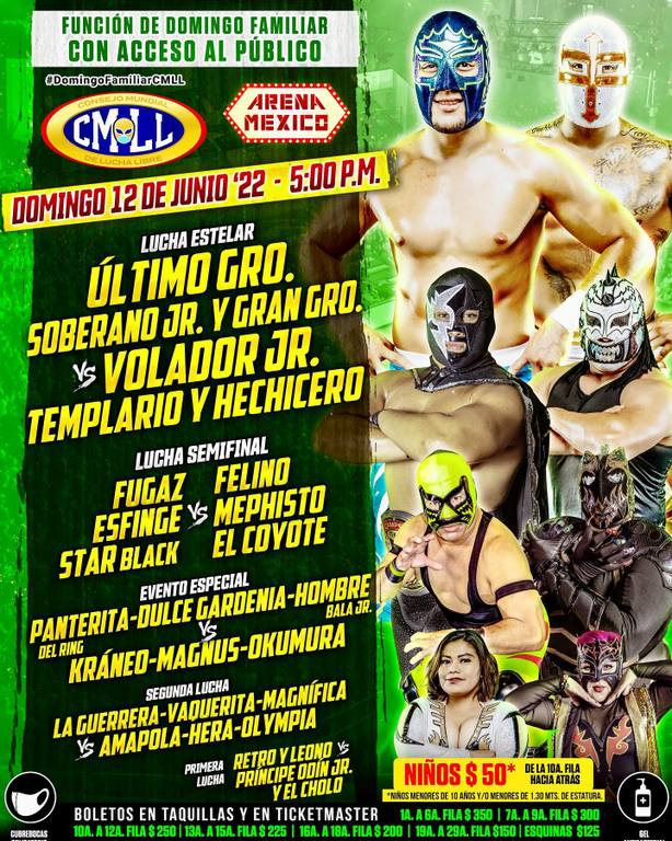 Cartelera lucha libre CMLL del Domingo 12 de Junio del 2022