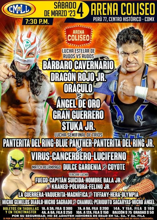 Cartelera lucha libre CMLL Arena Coliseo del Sábado 4 de Marzo del 2023