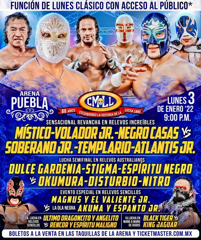 Cartelera lucha libre CMLL del Lunes 3 de Enero del 2022