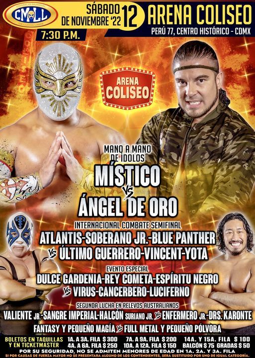 Cartelera lucha libre CMLL Arena Coliseo del Sábado 12 de Noviembre del 2022