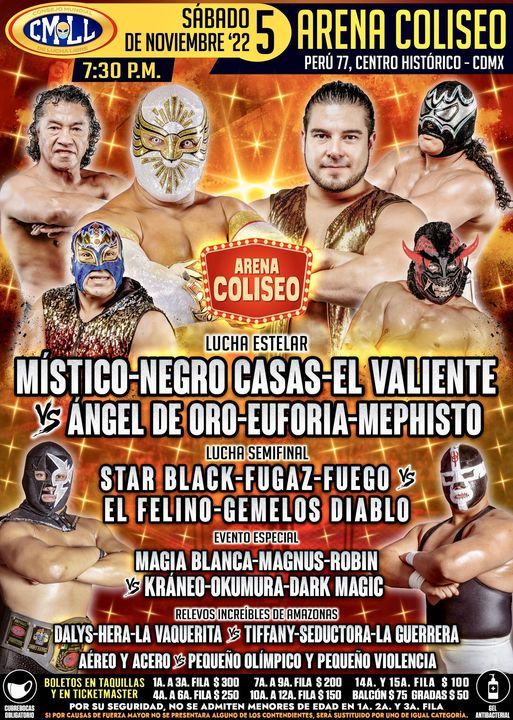 Cartelera lucha libre CMLL Arena Coliseo del Sábado 5 de Noviembre del 2022