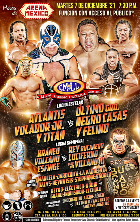 Cartelera lucha libre CMLL del Martes 7 de Diciembre del 2021