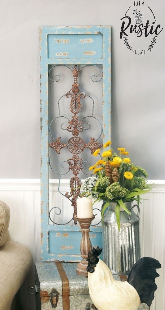 Metal Wood Blue Wall Panel Distressed Antique Vintage Rustic Cottage Chic Decor 