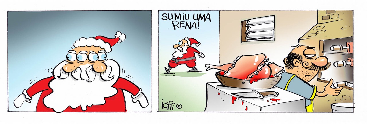 Papai Noel procura uma de suas renas: 'sumiu uma rena'. Enquanto isso, Radicci está com a churrasqueira cheia de carne.