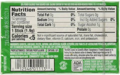 Trident Gum Nutrition Label