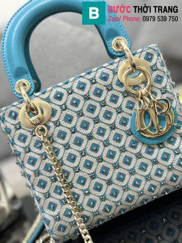 Túi xách Dior lady siêu cấp canvas màu xanh size 17cm