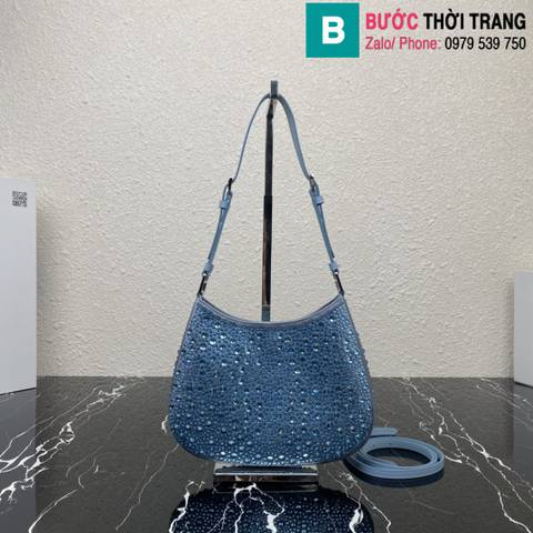 Túi xách đính đá Prada siêu cấp da bê màu xanh size 22cm 