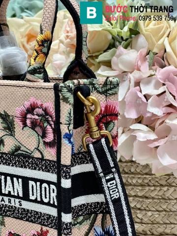 Túi xách Dior Mini Book tote siêu cấp canvas màu hồng size 13.5cm