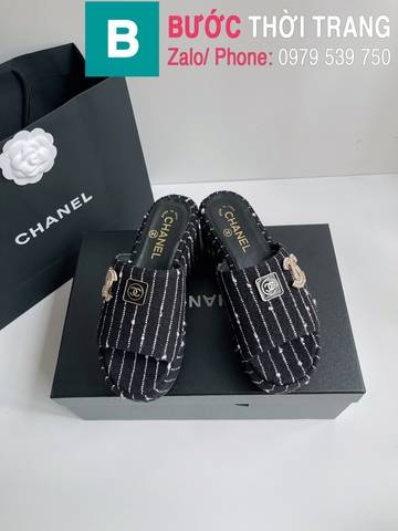 Dép Chanel đính đá đế cao màu đen bản siêu cấp