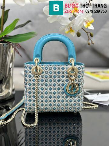 Túi xách Dior lady siêu cấp canvas màu xanh size 17cm