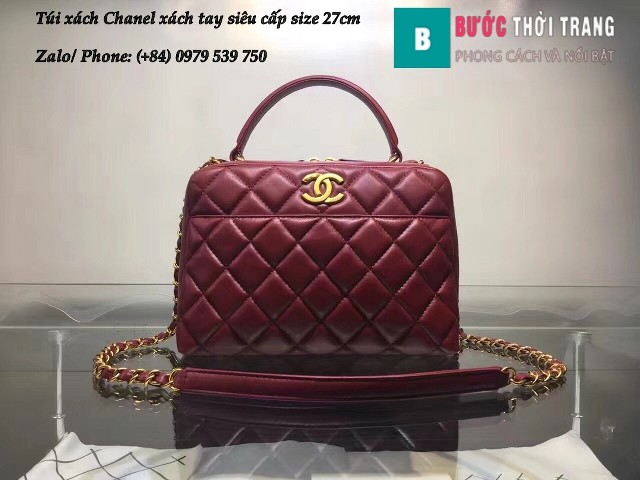 Túi xách Chanel xách tay siêu cấp màu đỏ đô da trơn size 27cm - AX98027