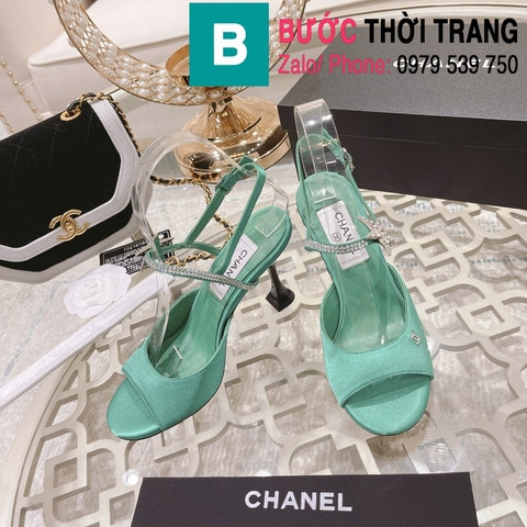 Giày cao gót Chanel quai dây đính đá bản siêu cấp màu xanh