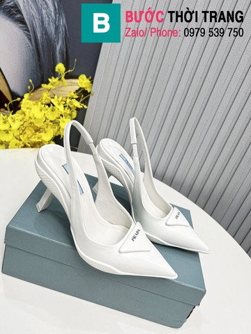 Giày cao gót Prada quai ngang mũi nhọn màu trắng 8.5cm