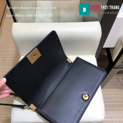 Túi Xách Chanel Boy Siêu Cấp Vân V đan dọc màu đen size 25cm - A67086